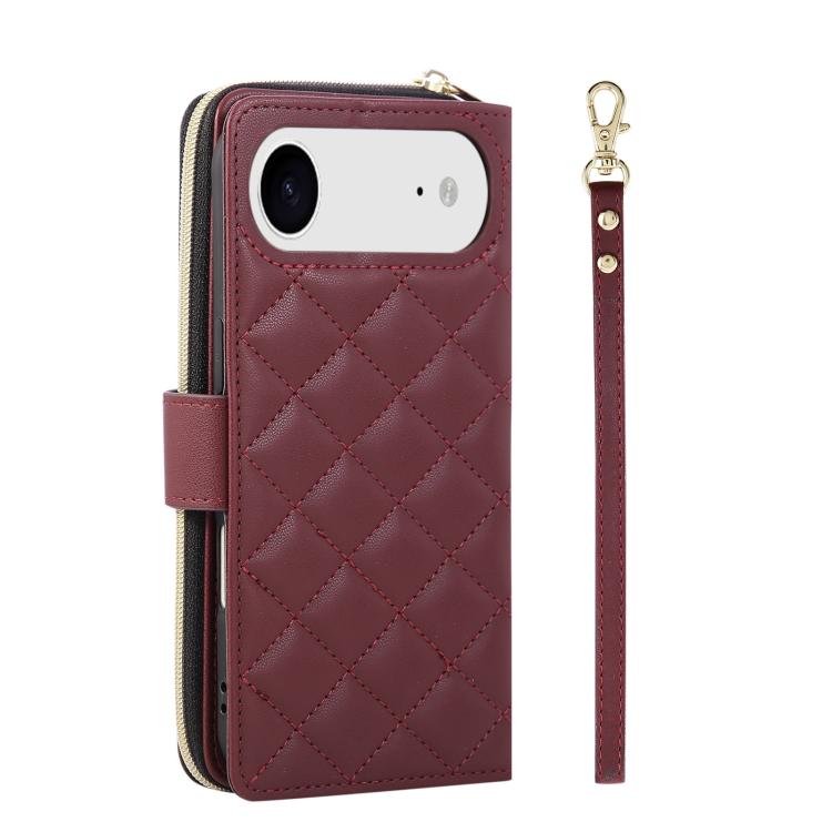 For iPhone Air Crossbody Rhombic Zipper Tower Buckle Leather Phone Case with Lanyard