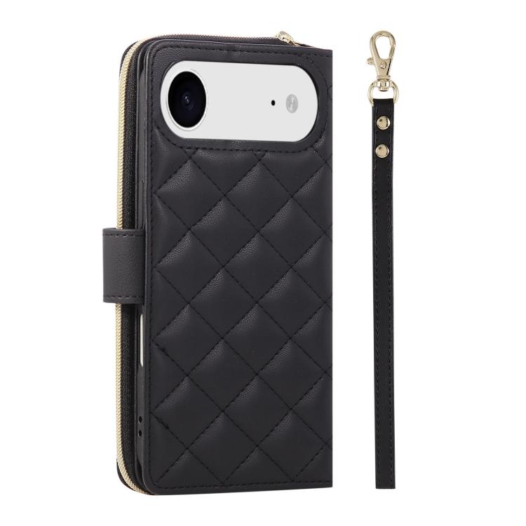 For iPhone Air Crossbody Rhombic Zipper Tower Buckle Leather Phone Case with Lanyard