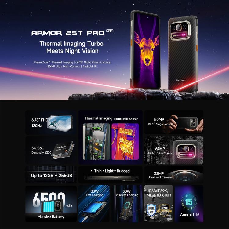 [HK Warehouse] Ulefone Armor 25T Pro Rugged Phone, 8GB+256GB, Thermal Imaging, 6.78 inch Android 15 MediaTek Dimensity 6300 Octa Core, Network: 5G, NFC - Frost Black