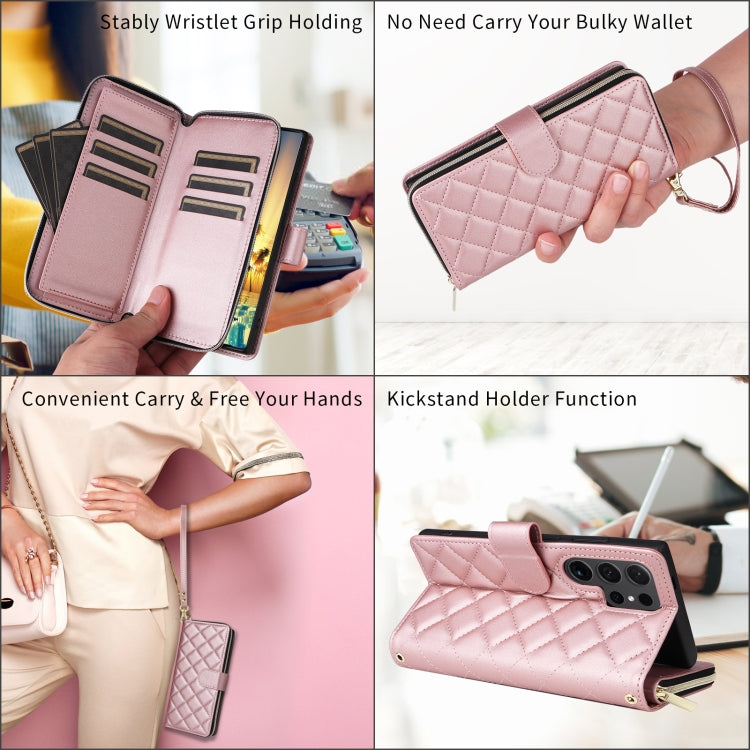 For Samsung Galaxy S22+ 5G Crossbody Rhombic Zipper Tower Buckle Leather Phone Case with Lanyard