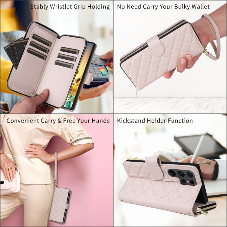 For Samsung Galaxy S23 5G Crossbody Rhombic Zipper Tower Buckle Leather Phone Case with Lanyard