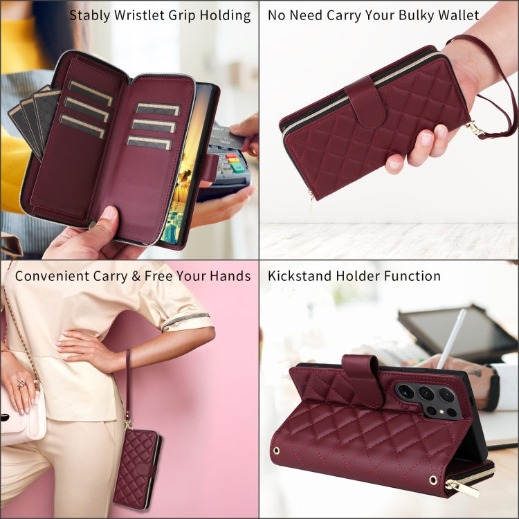 For Samsung Galaxy S23 5G Crossbody Rhombic Zipper Tower Buckle Leather Phone Case with Lanyard