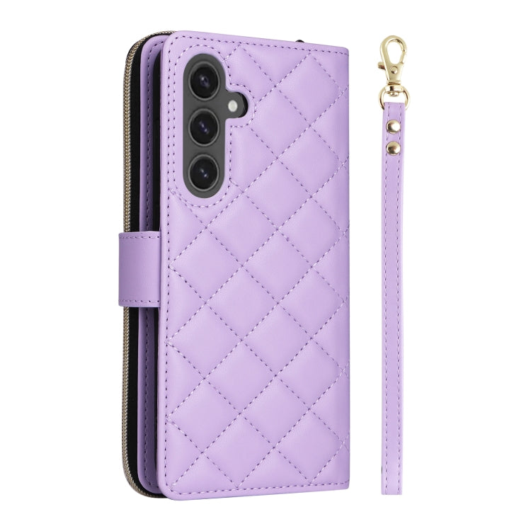 For Samsung Galaxy S24 FE 5G Crossbody Rhombic Zipper Tower Buckle Leather Phone Case with Lanyard