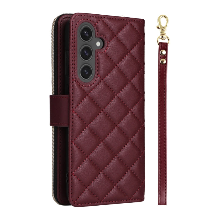 For Samsung Galaxy S24 FE 5G Crossbody Rhombic Zipper Tower Buckle Leather Phone Case with Lanyard