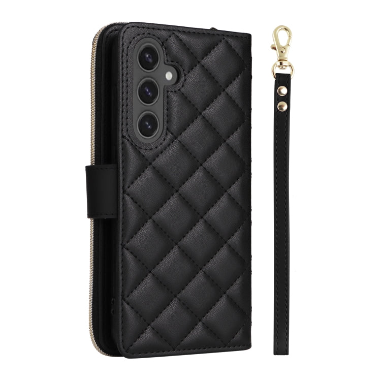 For Samsung Galaxy S24 FE 5G Crossbody Rhombic Zipper Tower Buckle Leather Phone Case with Lanyard