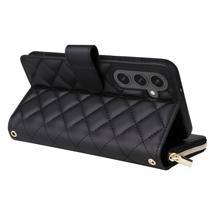 For Samsung Galaxy S24 FE 5G Crossbody Rhombic Zipper Tower Buckle Leather Phone Case with Lanyard
