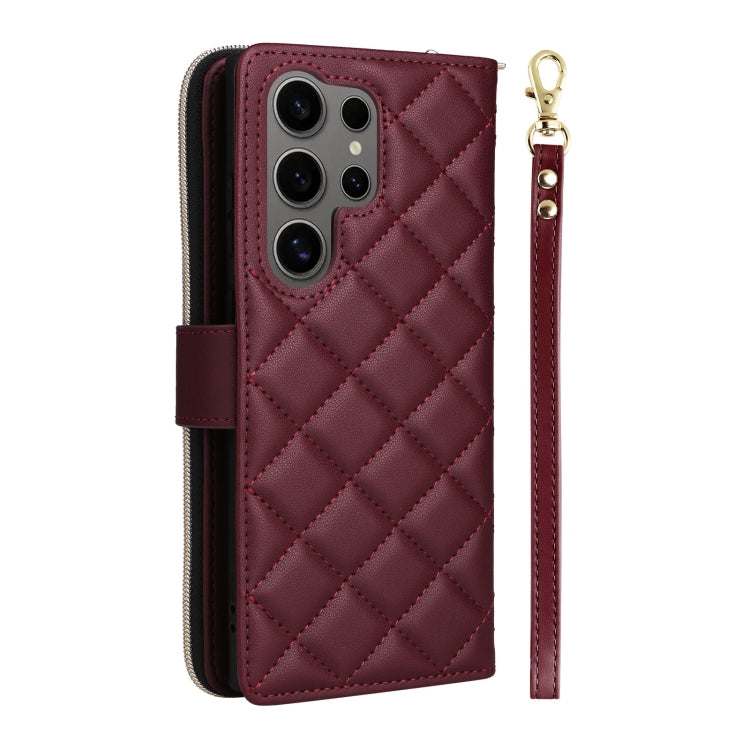 For Samsung Galaxy S25 Ultra 5G Crossbody Rhombic Zipper Tower Buckle Leather Phone Case with Lanyard