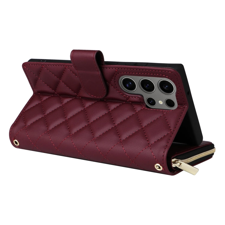 For Samsung Galaxy S25 Ultra 5G Crossbody Rhombic Zipper Tower Buckle Leather Phone Case with Lanyard