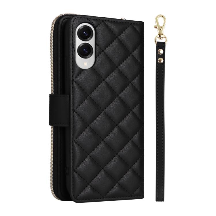 For Samsung Galaxy S25 Edge 5G Crossbody Rhombic Zipper Tower Buckle Leather Phone Case with Lanyard
