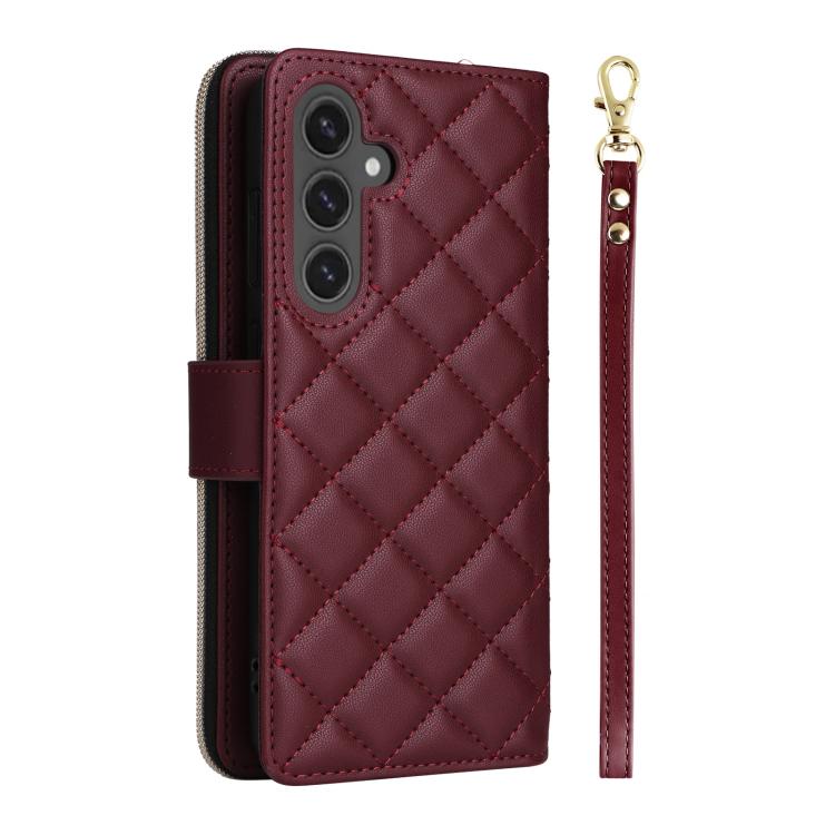 For Samsung Galaxy S25 FE 5G Crossbody Rhombic Zipper Tower Buckle Leather Phone Case with Lanyard