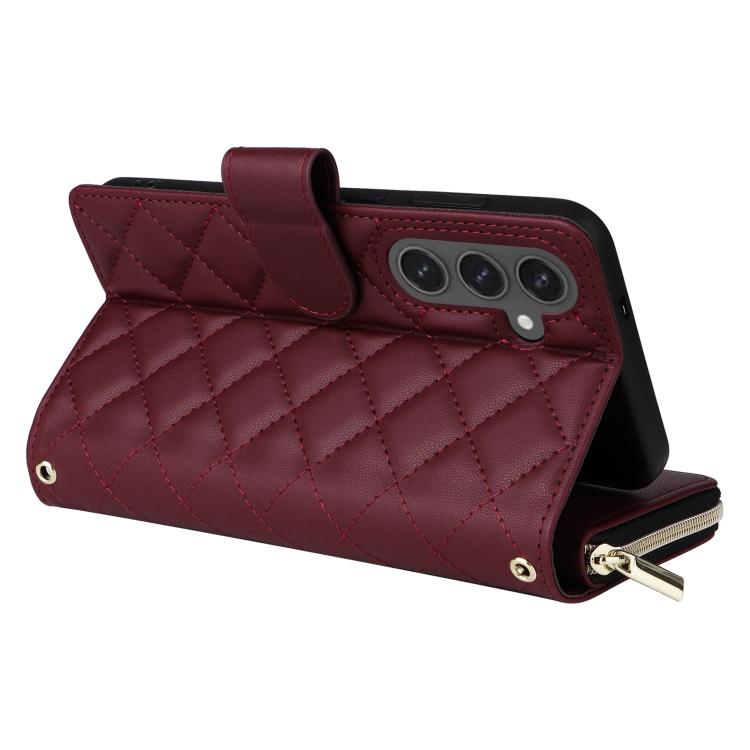 For Samsung Galaxy S25 FE 5G Crossbody Rhombic Zipper Tower Buckle Leather Phone Case with Lanyard