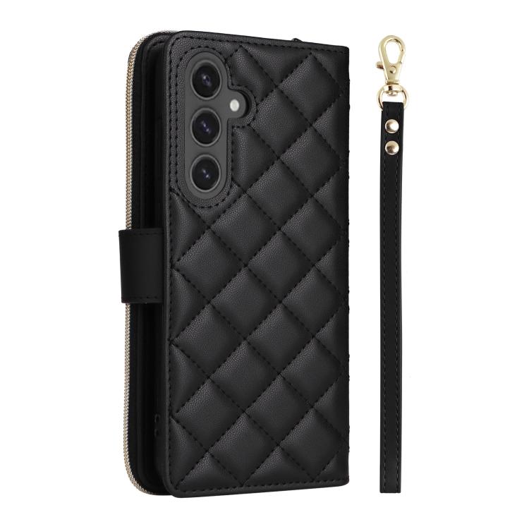 For Samsung Galaxy S25 FE 5G Crossbody Rhombic Zipper Tower Buckle Leather Phone Case with Lanyard