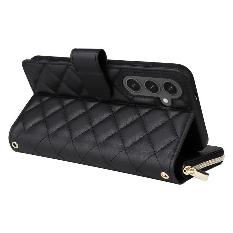 For Samsung Galaxy S25 FE 5G Crossbody Rhombic Zipper Tower Buckle Leather Phone Case with Lanyard