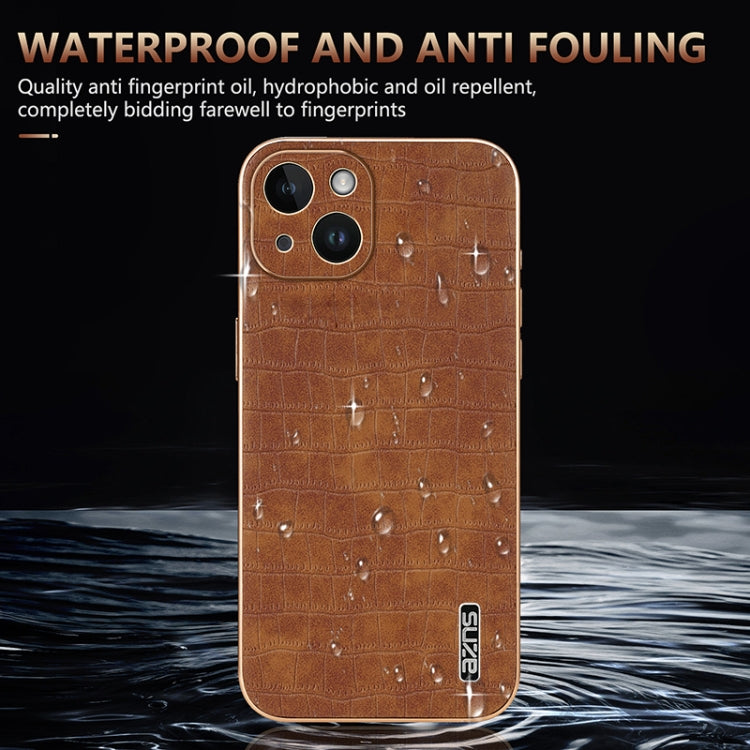For iPhone 14 Plus AZNS Electroplated Frame Crocodile Texture Full Coverage Phone Case