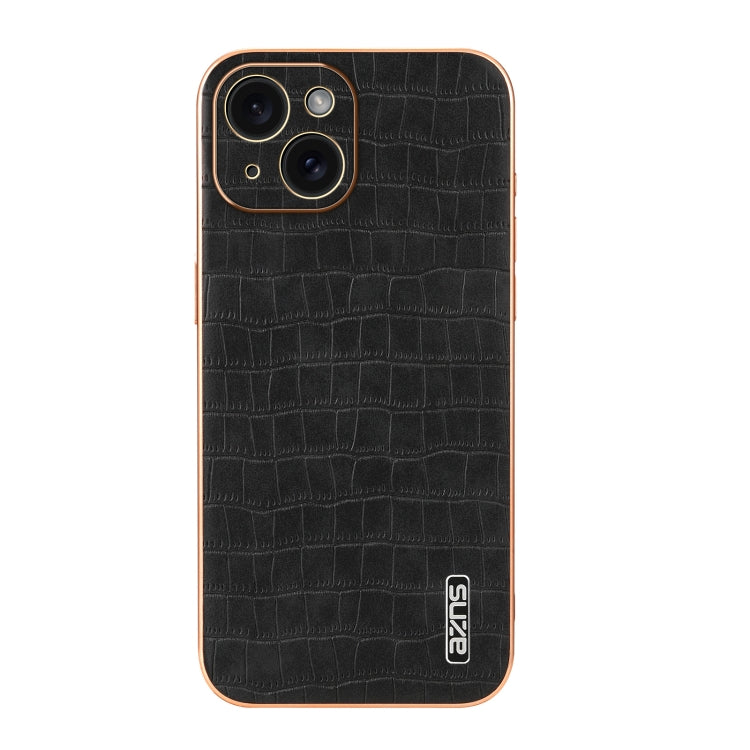 For iPhone 15 Plus AZNS Electroplated Frame Crocodile Texture Full Coverage Phone Case