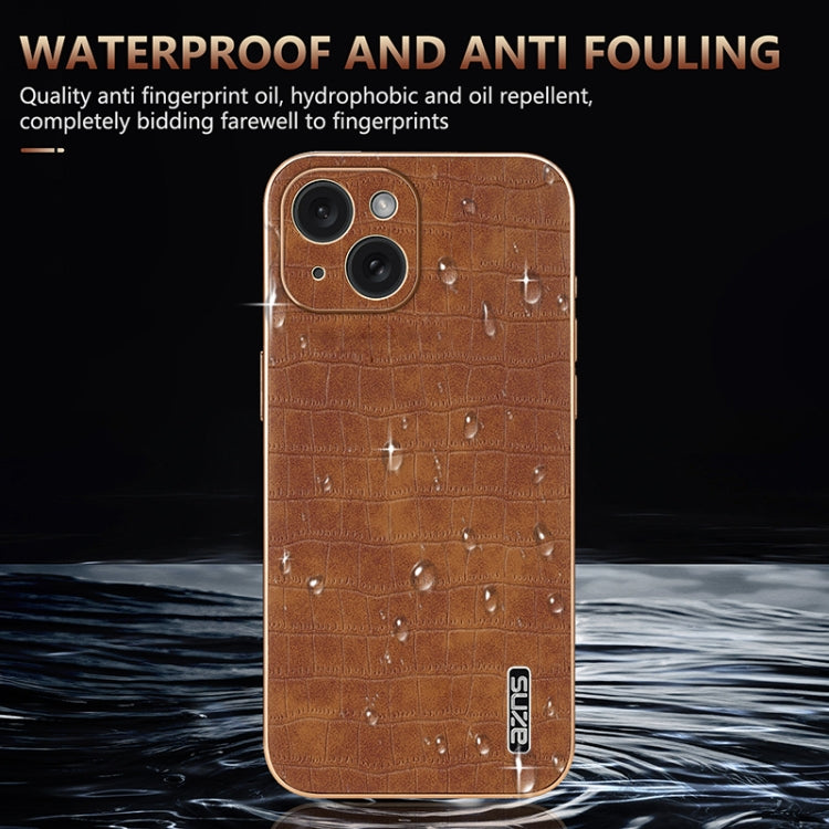For iPhone 15 Plus AZNS Electroplated Frame Crocodile Texture Full Coverage Phone Case