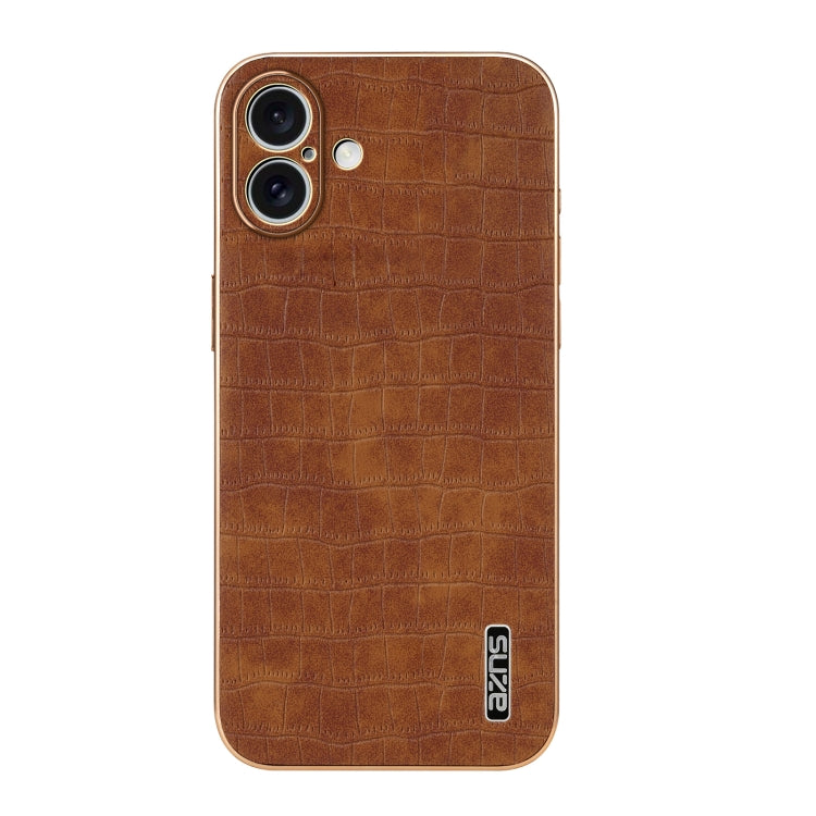 For iPhone 16 Plus AZNS Electroplated Frame Crocodile Texture Full Coverage Phone Case