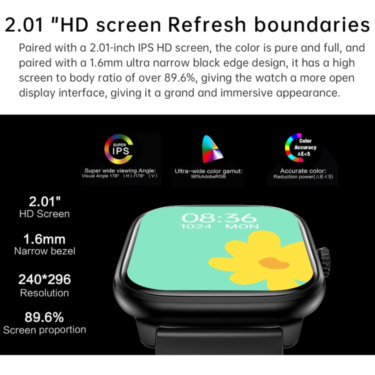 Y80 2.01 inch IPS HD Screen Smart Watch Supports Bluetooth Call / Health Monitoring - Black