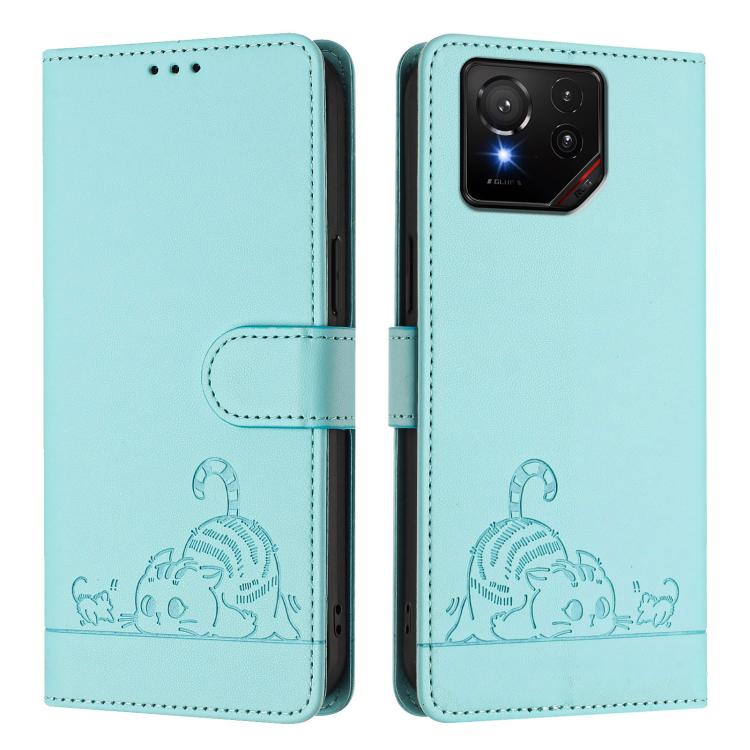 For Asus ROG Phone 9 / 9 Pro Cat Rat Embossed Pattern RFID Leather Phone Case with Lanyard