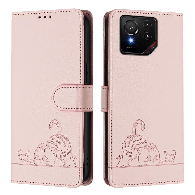 For Asus ROG Phone 9 / 9 Pro Cat Rat Embossed Pattern RFID Leather Phone Case with Lanyard