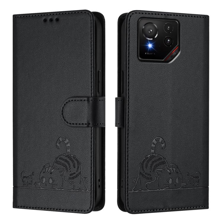 For Asus ROG Phone 9 / 9 Pro Cat Rat Embossed Pattern RFID Leather Phone Case with Lanyard