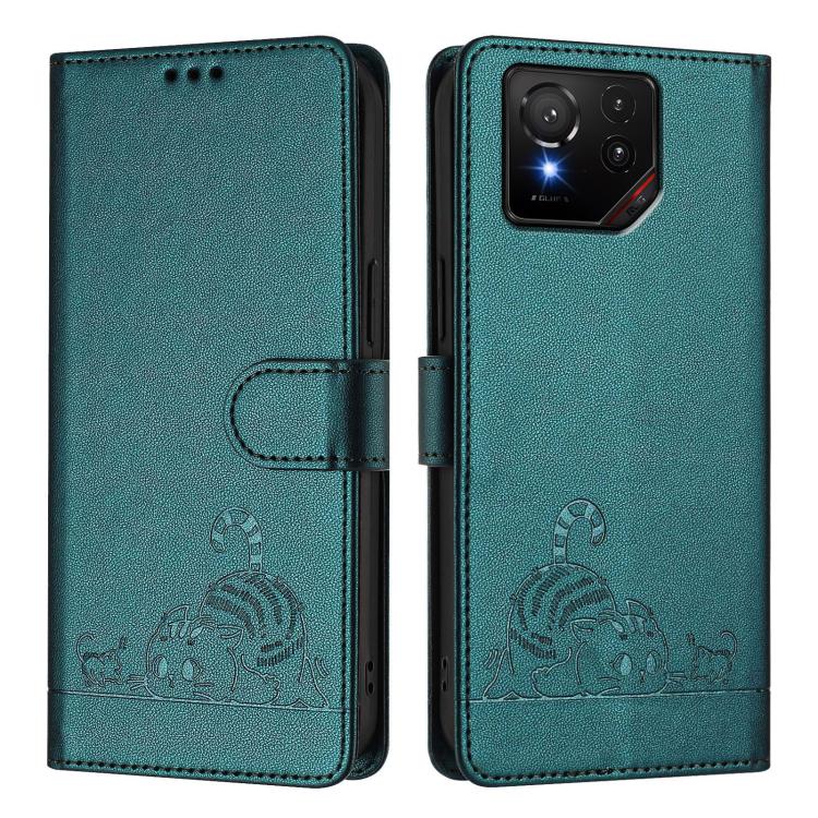 For Asus ROG Phone 9 / 9 Pro Cat Rat Embossed Pattern RFID Leather Phone Case with Lanyard