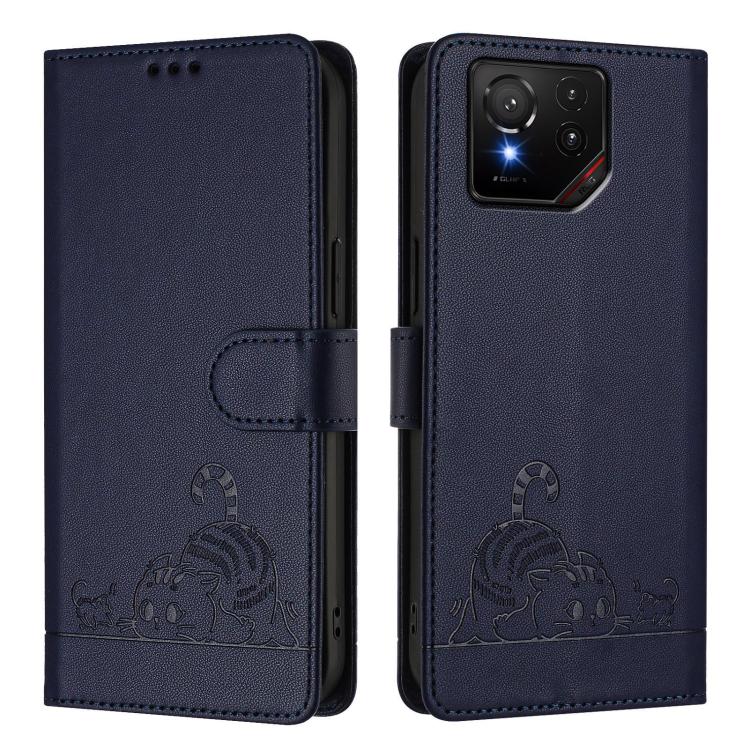 For Asus ROG Phone 9 / 9 Pro Cat Rat Embossed Pattern RFID Leather Phone Case with Lanyard