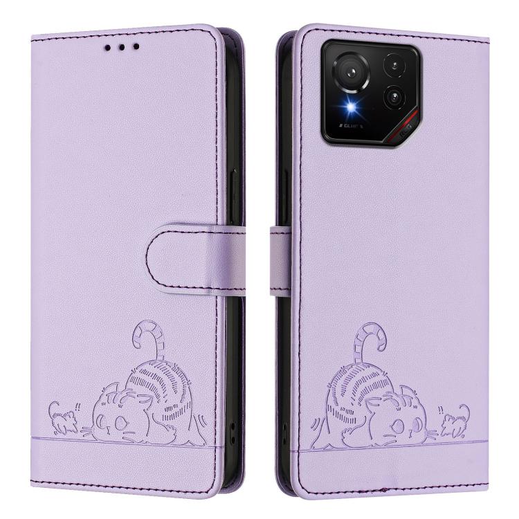 For Asus ROG Phone 9 / 9 Pro Cat Rat Embossed Pattern RFID Leather Phone Case with Lanyard