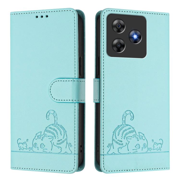 For Blackview Wave 8C Cat Rat Embossed Pattern RFID Leather Phone Case with Lanyard