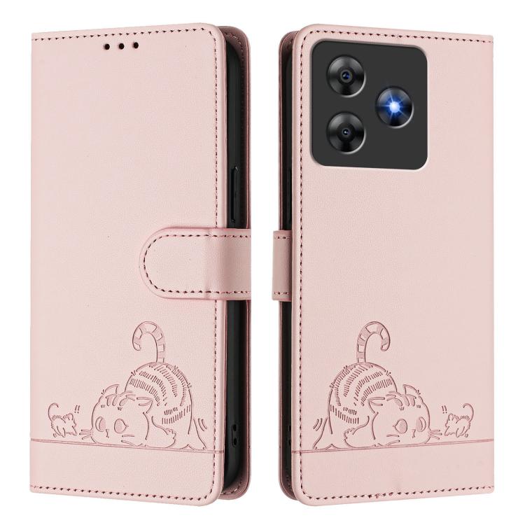 For Blackview Wave 8C Cat Rat Embossed Pattern RFID Leather Phone Case with Lanyard