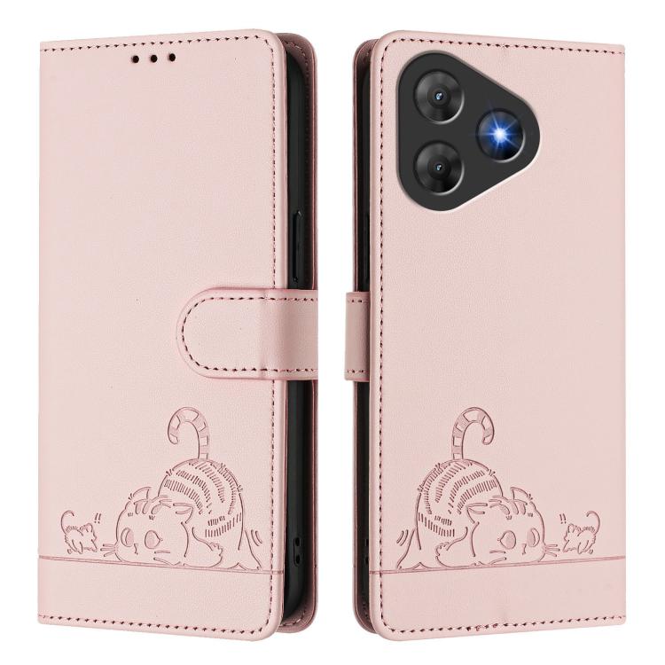 For Blackview Oscal Flat 2 / 2C Cat Rat Embossed Pattern RFID Leather Phone Case with Lanyard