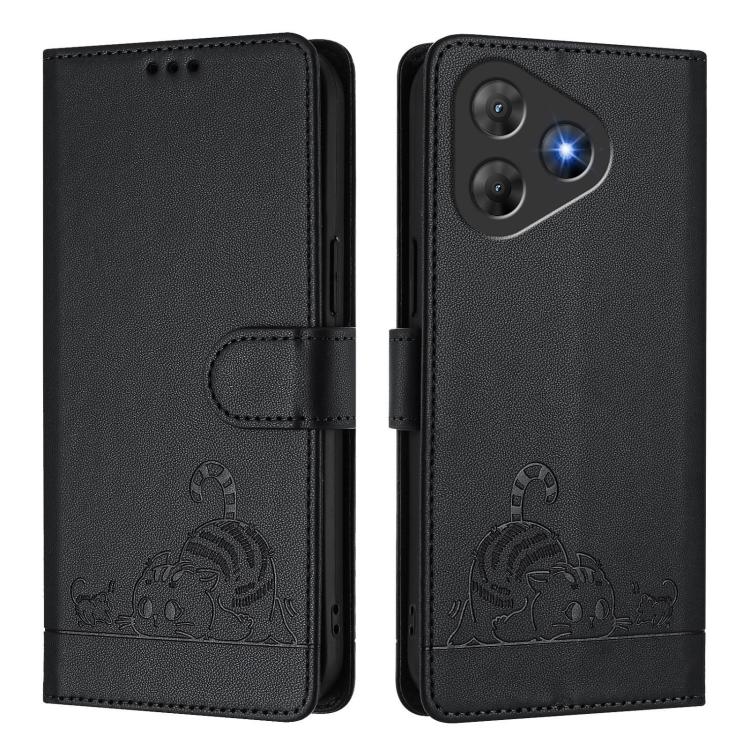 For Blackview Oscal Flat 2 / 2C Cat Rat Embossed Pattern RFID Leather Phone Case with Lanyard