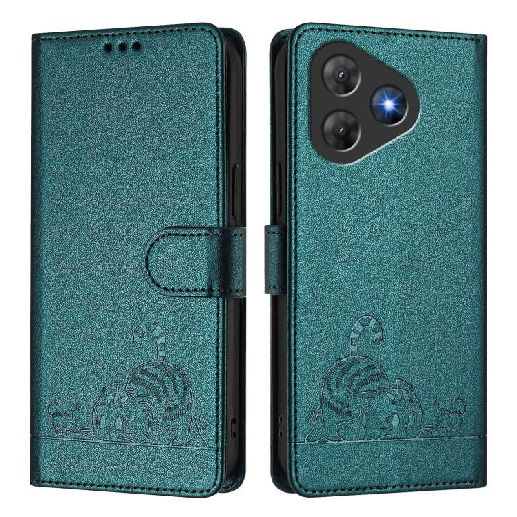 For Blackview Oscal Flat 2 / 2C Cat Rat Embossed Pattern RFID Leather Phone Case with Lanyard