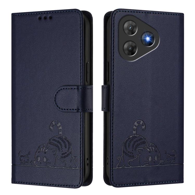 For Blackview Oscal Flat 2 / 2C Cat Rat Embossed Pattern RFID Leather Phone Case with Lanyard