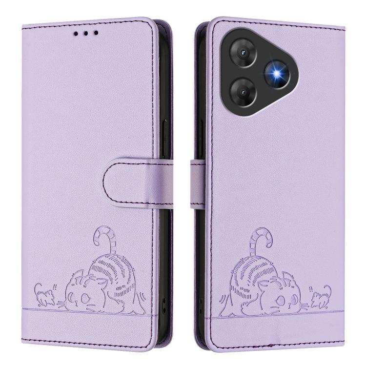 For Blackview Oscal Flat 2 / 2C Cat Rat Embossed Pattern RFID Leather Phone Case with Lanyard