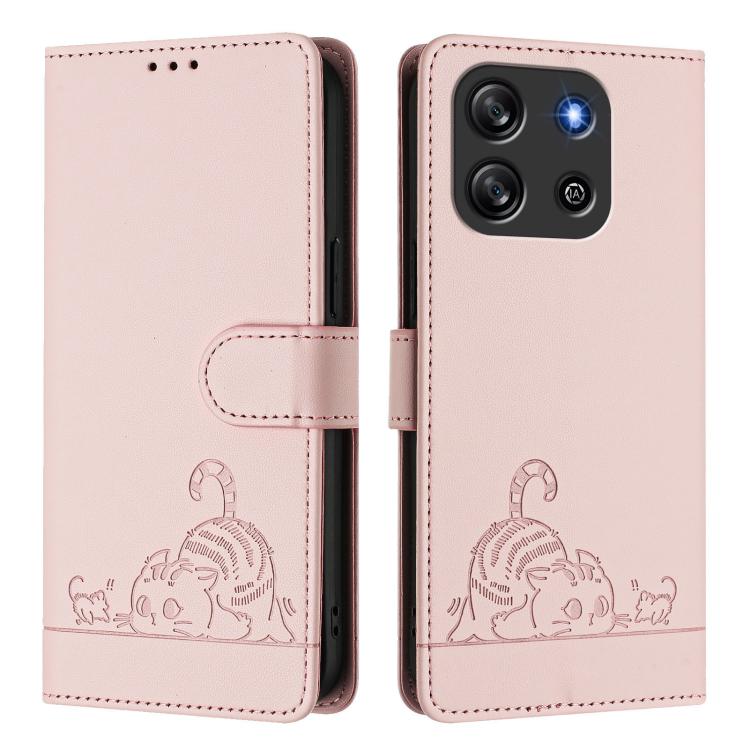 For Blackview Oscal Flat 1C Cat Rat Embossed Pattern RFID Leather Phone Case with Lanyard