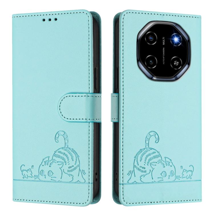For Blackview Shark 6 Cat Rat Embossed Pattern RFID Leather Phone Case with Lanyard
