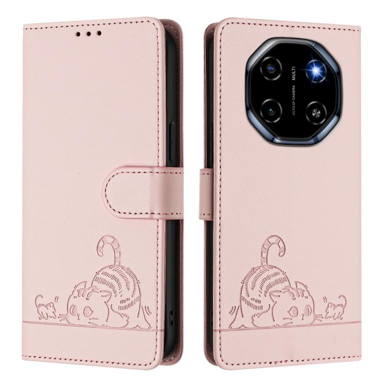 For Blackview Shark 6 Cat Rat Embossed Pattern RFID Leather Phone Case with Lanyard