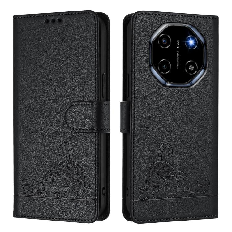 For Blackview Shark 6 Cat Rat Embossed Pattern RFID Leather Phone Case with Lanyard