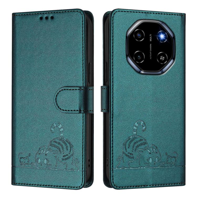 For Blackview Shark 6 Cat Rat Embossed Pattern RFID Leather Phone Case with Lanyard