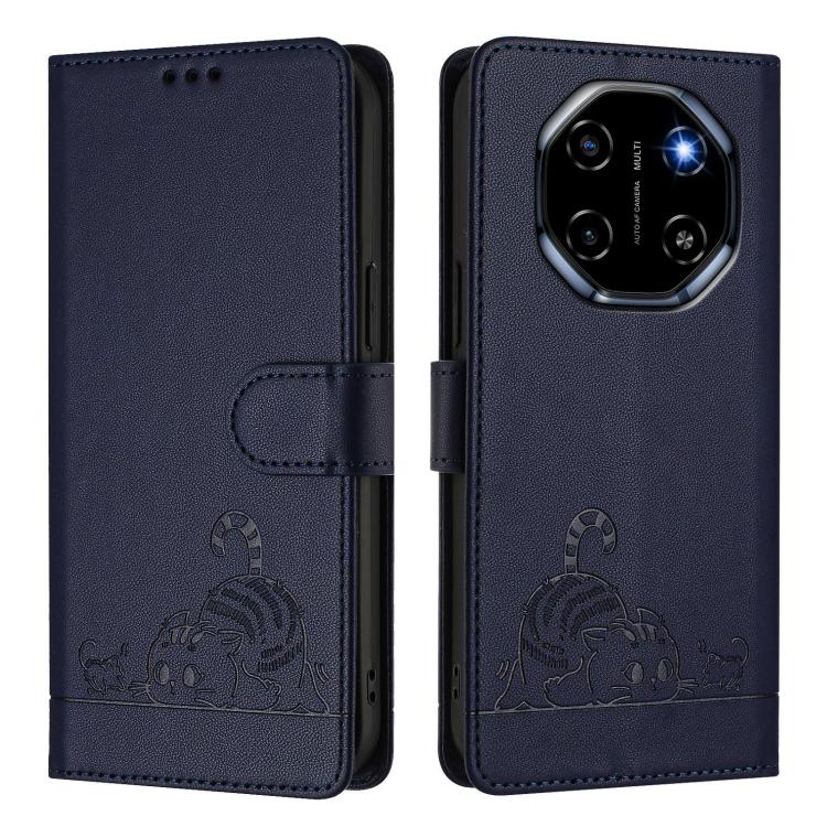 For Blackview Shark 6 Cat Rat Embossed Pattern RFID Leather Phone Case with Lanyard