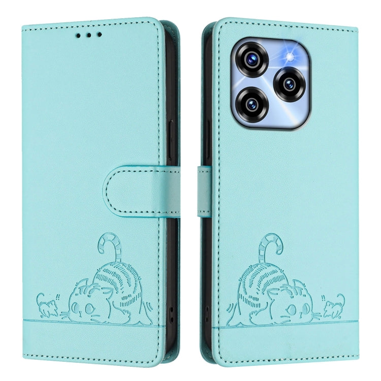 For Oukitel C50 Cat Rat Embossed Pattern RFID Leather Phone Case with Lanyard