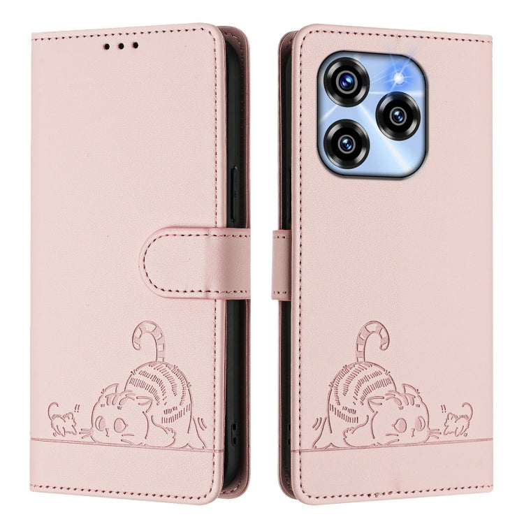 For Oukitel C50 Cat Rat Embossed Pattern RFID Leather Phone Case with Lanyard