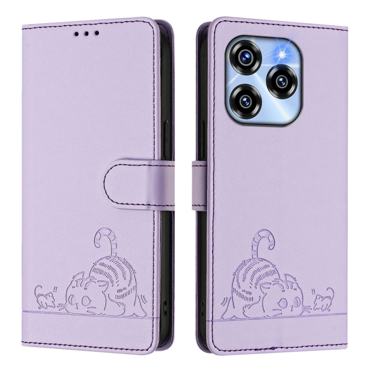 For Oukitel C50 Cat Rat Embossed Pattern RFID Leather Phone Case with Lanyard