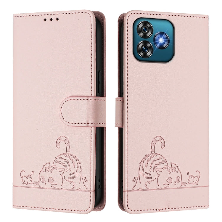 For Oukitel C53 Cat Rat Embossed Pattern RFID Leather Phone Case with Lanyard