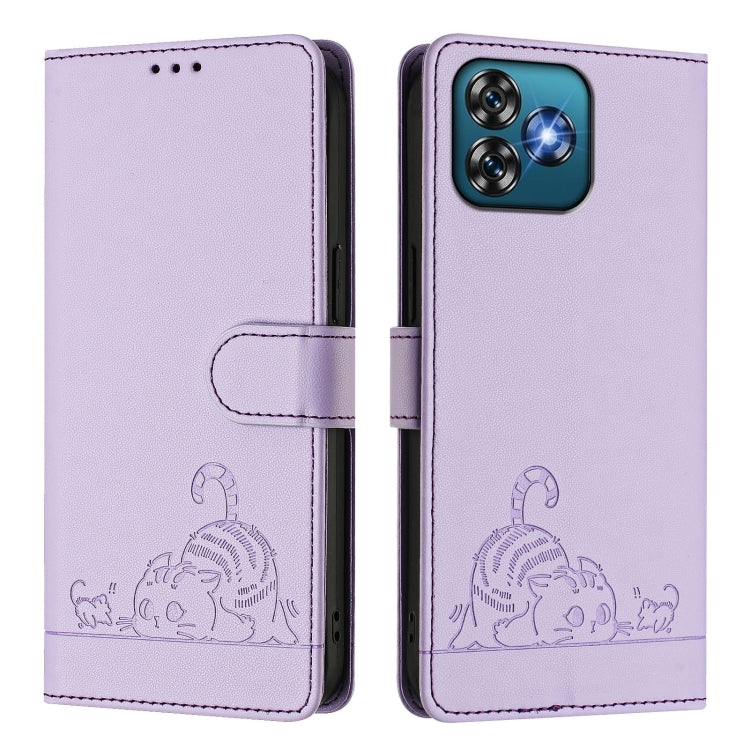 For Oukitel C53 Cat Rat Embossed Pattern RFID Leather Phone Case with Lanyard