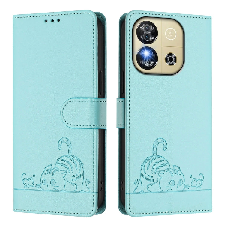 For Oukitel C57s Cat Rat Embossed Pattern RFID Leather Phone Case with Lanyard