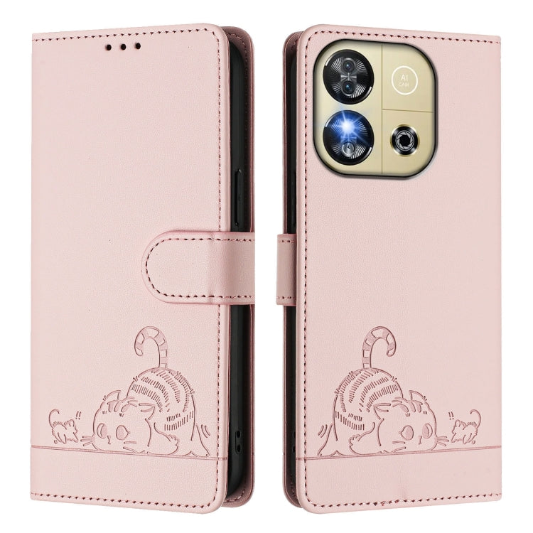 For Oukitel C57s Cat Rat Embossed Pattern RFID Leather Phone Case with Lanyard