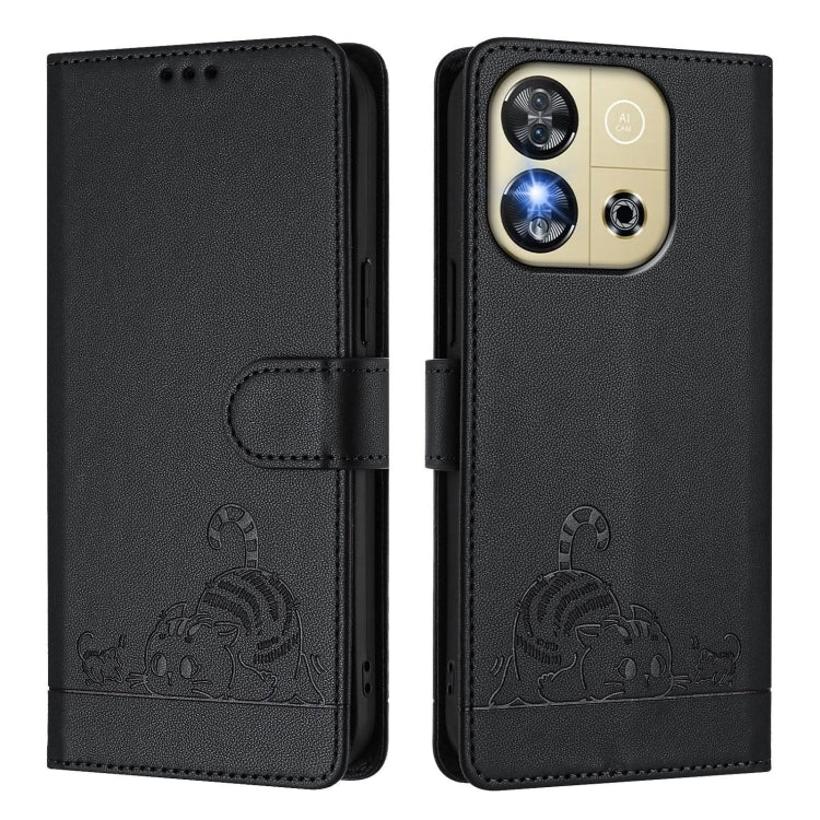 For Oukitel C57s Cat Rat Embossed Pattern RFID Leather Phone Case with Lanyard