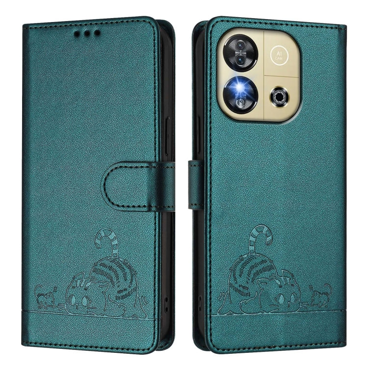 For Oukitel C57s Cat Rat Embossed Pattern RFID Leather Phone Case with Lanyard